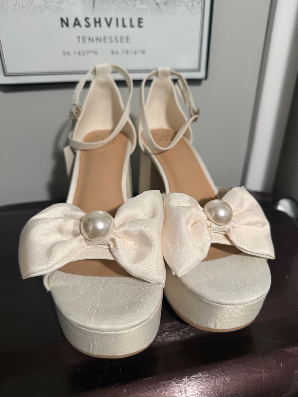 Target Ivory Satin Platform Heels with Bow & Pearl Accent